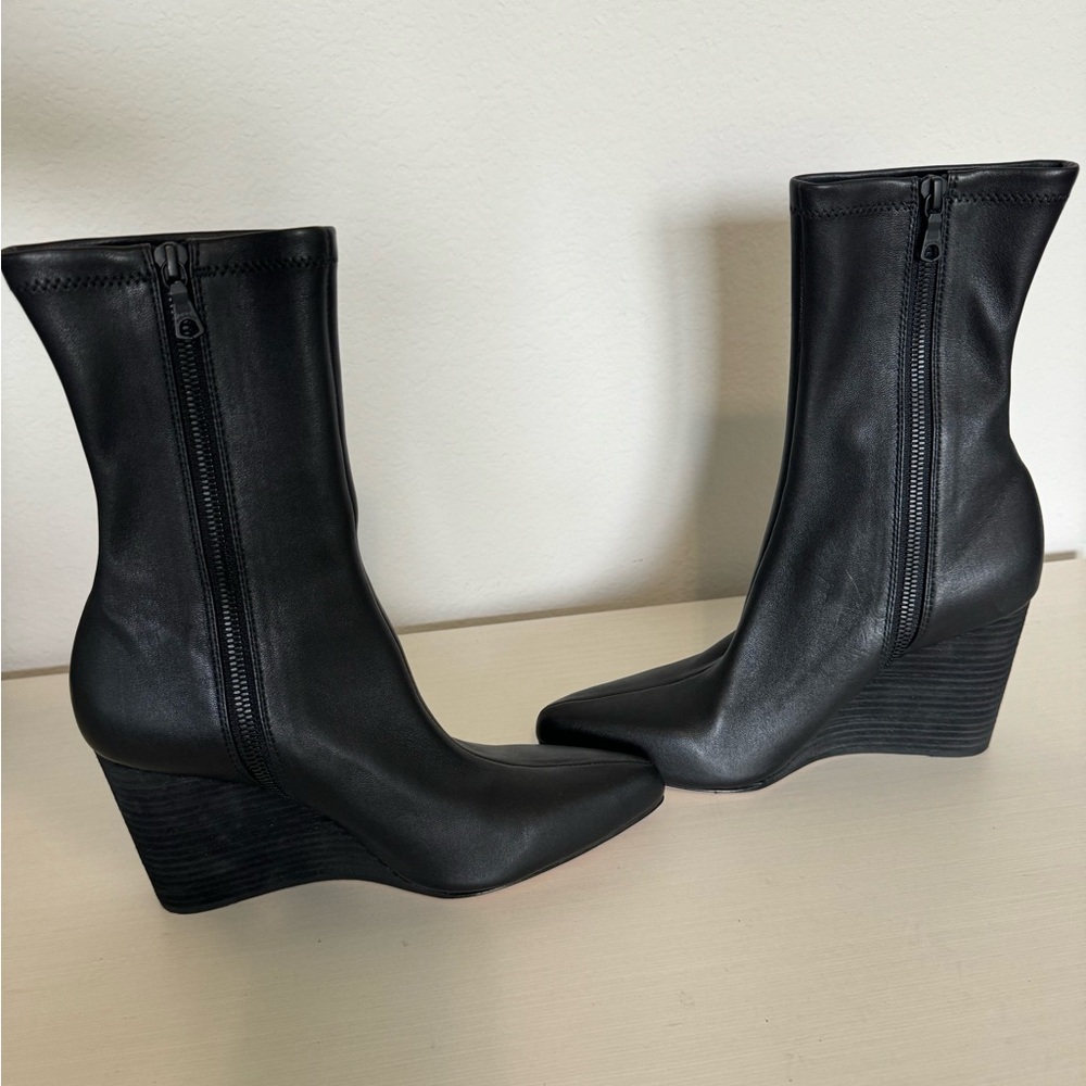 Black leather block wedge bootie